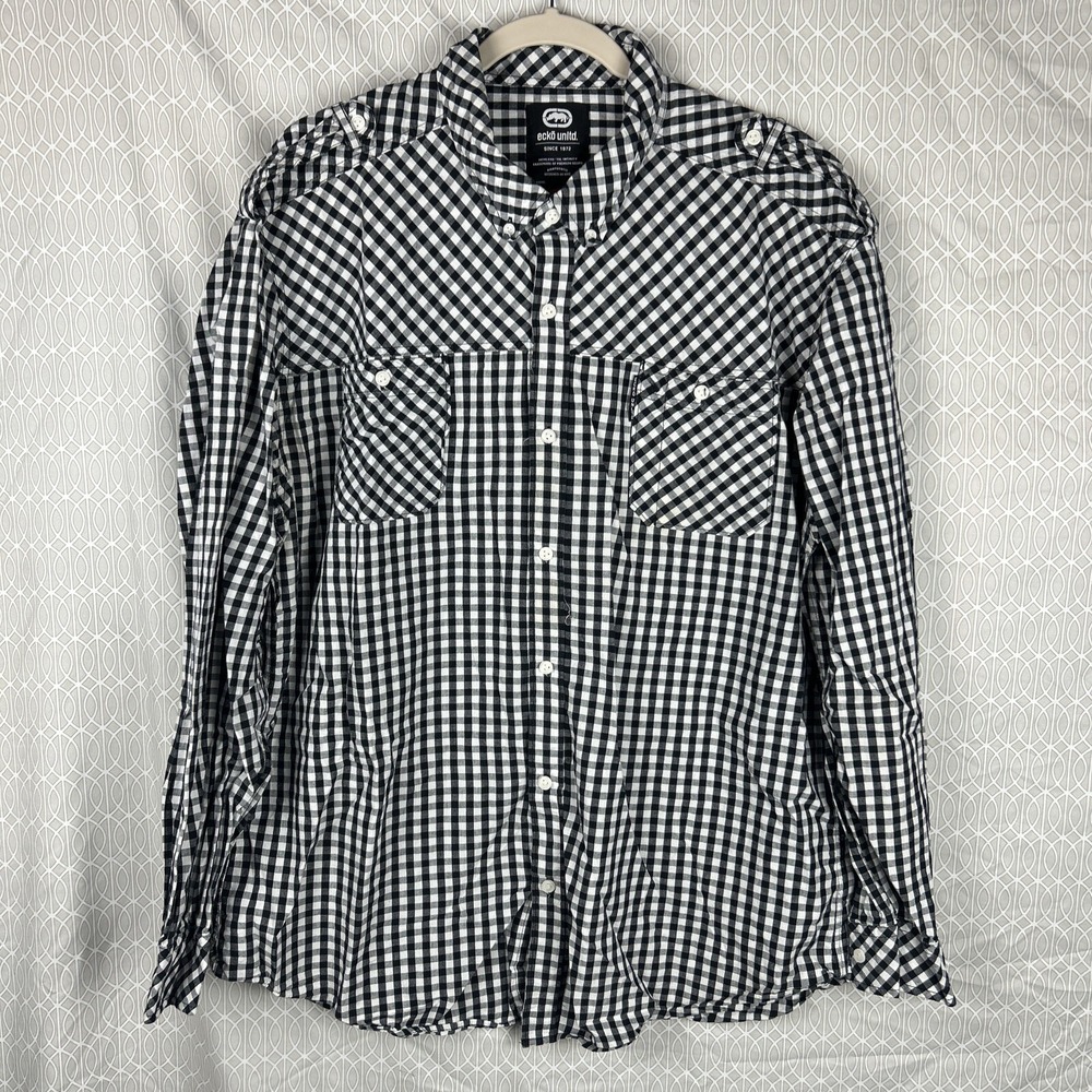 ECKO UNLTD Long Sleeve Button Down Shirt Mens Size 2XL Black WHITE Checkered Y2K